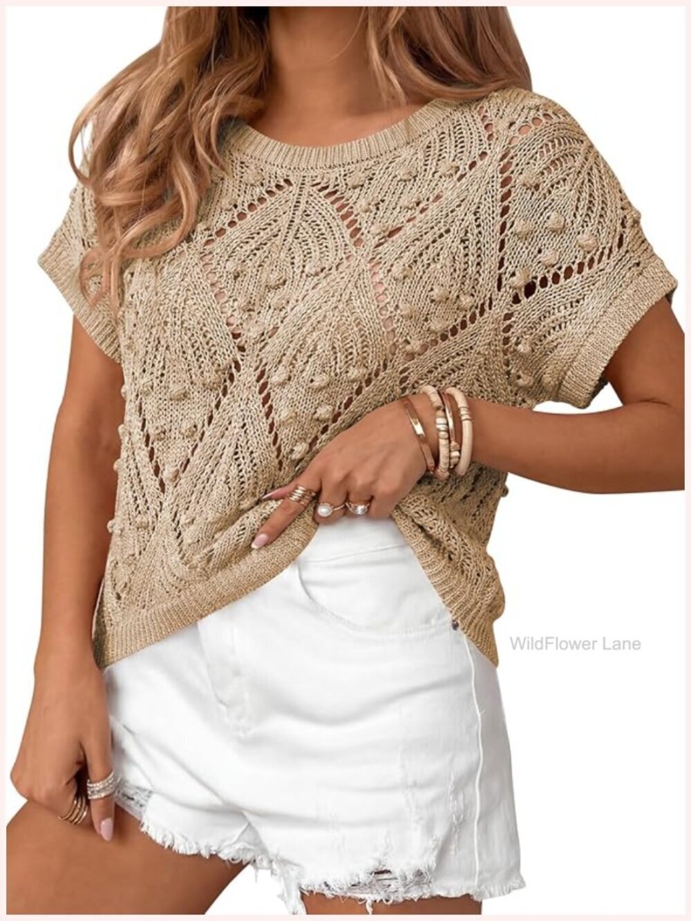 Crochet Boho Crop Top Short Sleeve Lightweight Knit Sweater Beach Vacation